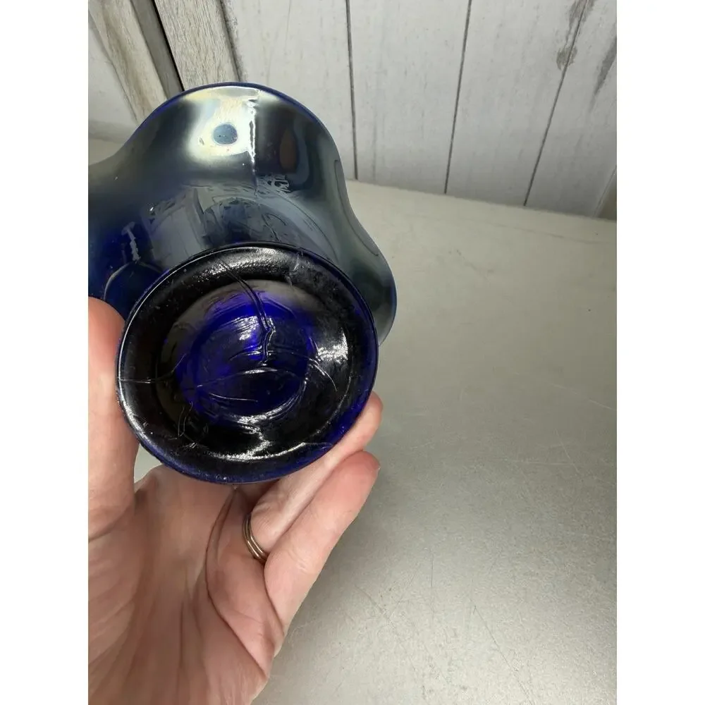 Vintage Fenton Hat Vase Bowl Cobalt Blue Carnival Glass Leaves & Berries